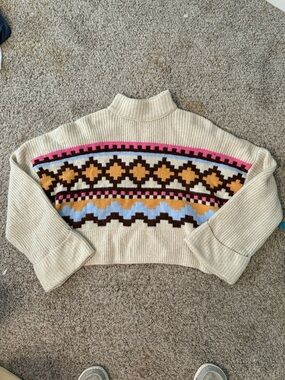 Cream Patterned Mock Neck Women's Sweater